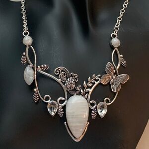 2307 Silver Nature-Inspired Moonstone Necklace with Butterfly Design